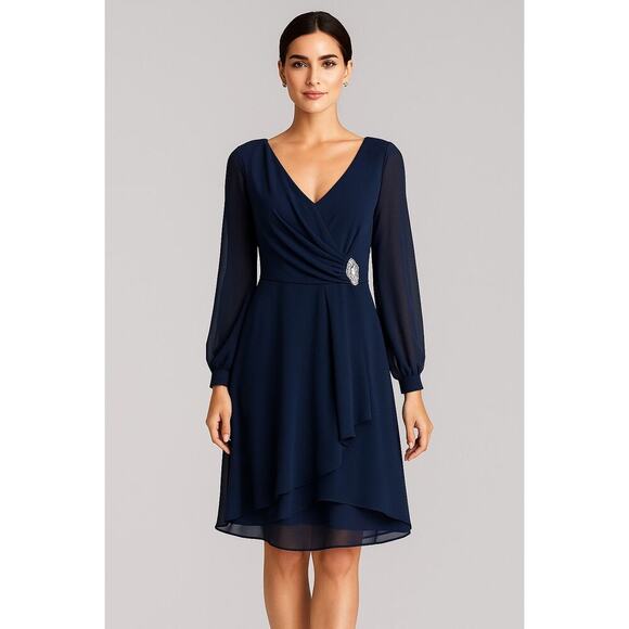 MARINA Dresses & Skirts - Marina Women’s Chiffon Navy Faux Wrap Dress with Jeweled Broach Size 4 EUC